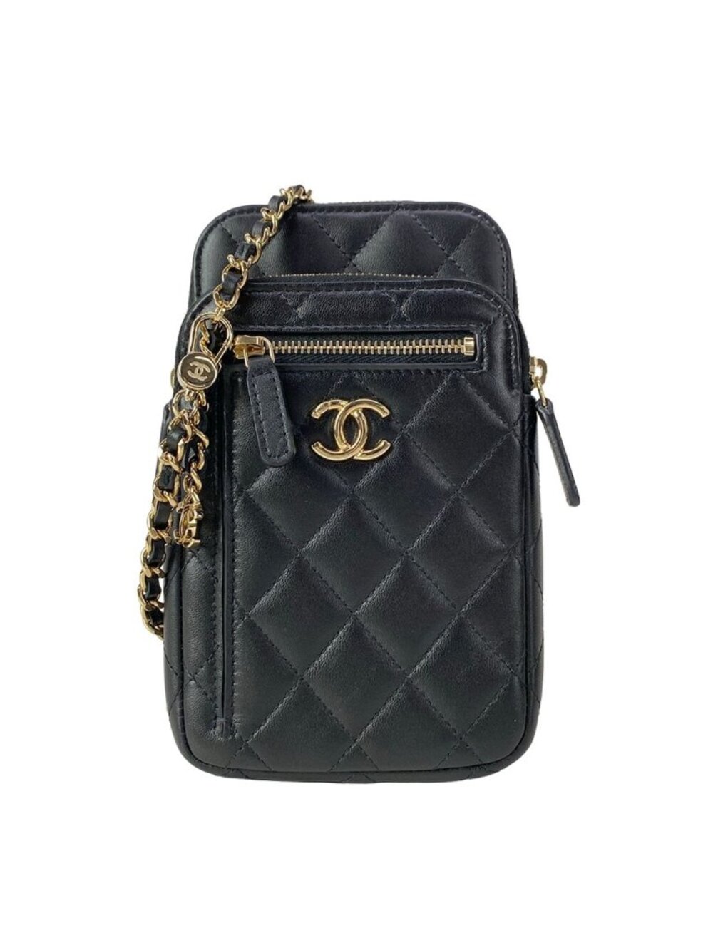 Chanel Shoulder Bag Quilted Black Smartphone Pochette Chain Gold Lambskin